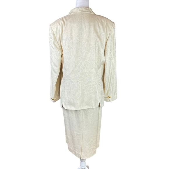 Vintage 80's Albert Nipon Skirt Suit Set Double Breasted Cream Gold Size 16 - Picture 2 of 8